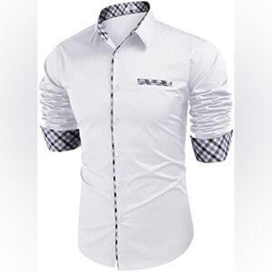 Men's White Dress Shirt with Checkered Trim - Size M